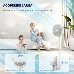 HOMCOM Ventilator de Podea cu Telecomandă, Reglabil pe Înălțime, 4 Viteze, Oscilație 80°, Timer 10 Ore, Alb, Ø40x90.5-118.5Î cm | Aosom Romania