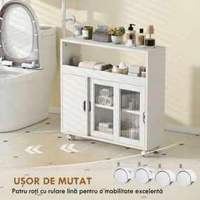 HOMCOM Dulap de Baie cu Roți, Raft Reglabil, Ușă Glisantă din Sticlă Călită, Alb | Aosom Romania