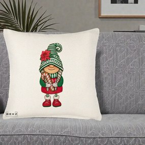Perna Decorativa Gnom Craciun Verde cu Bomboane si Floare, 40x40 cm, Crem Reliefat, Husa Detasabila, Perna Inclusa, BEKZ®