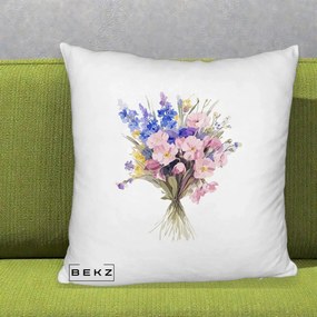 Perna Decorativa Buchet Floral Acuarela Primavara, 40x40 cm, Alb Pufos, Husa Detasabila, Perna Inclusa, BEKZ®