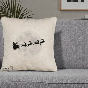 Perna Decorativa Mos Craciun Sanie Luna, 40x40 cm, Bej Canapea, Husa Detasabila, Perna Inclusa, BEKZ®