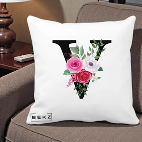 Cadou Personalizat - Perna Personalizata Monograma Florala Litera V cu Buchet, 40x40 cm, Alba Mata, Husa Detasabila, Perna Inclusa, BEKZ®