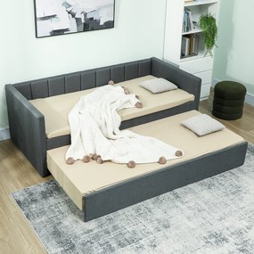 HOMCOM Cadru Pat Simplu 90x190 cm, Canapea cu Al Doilea Pat Extensibil, Tetieră Căptușită, Cotiere, Lamele din Lemn de Plop, pentru Cameră Living Oaspeți, Fără Saltea, Gri Închis | Aosom Romania