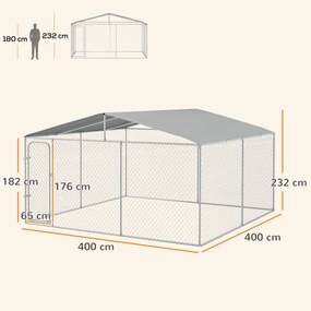 PawHut Țarc pentru Câini Talie Medie, Metal Galvanizat, Acoperiș Oxford, Ușă cu Zăvor, 400x230x232 cm, Argintiu | Aosom Romania