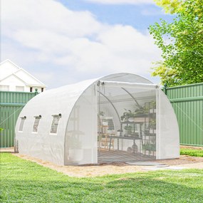Outsunny Seră de Grădină Tip Tunel 4x3x2 m cu 2 Bare Detașabile, Uși Rulabile și Ferestre cu Plasă, Seră pentru Grădină de Legume și Flori, Structură din Oțel Zincat și Acoperire PE, Alb | Aosom Romania