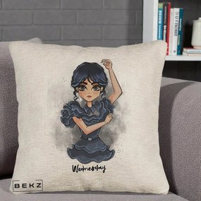 Perna Personalizata Wednesday Addams Dancing Queen, 40x40 cm, Bej Canapea, Husa Detasabila, Perna Inclusa, BEKZ®