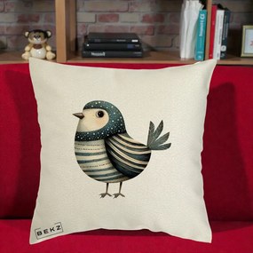 Perna Decorativa Pasare Teal Decorativa Dungata, 40x40 cm, Ecru, Husa Detasabila, Perna Inclusa, BEKZ®
