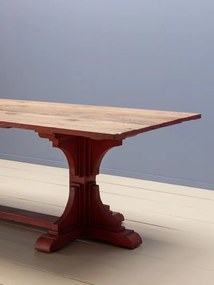 Masă de dining din lemn reciclat, cu blat patinat natur și bază sculptată roșu cărămiziu, finisaj vintage, 240×100×76 cm, „Redwood"