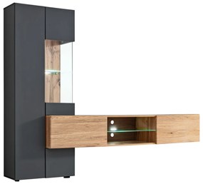 Set mobila Living moderna , 210 cm lungime, antracit inchis  stejar artisan, usi deschidere push open,  comoda tv suspendata, vitrina sticla, led