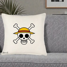 Perna Personalizata One Piece Jolly Roger Straw Hat Pirates, 40x40 cm, Crem Reliefat, Husa Detasabila, Perna Inclusa, BEKZ®