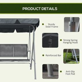 Outsunny Leagăn de grădină 3 locuri cu acoperiș parasolar reglabil și detașabil, șezut respirabil din poliester, capacitate 240 kg, 171x108x154 cm, gri închis | Aosom Romania