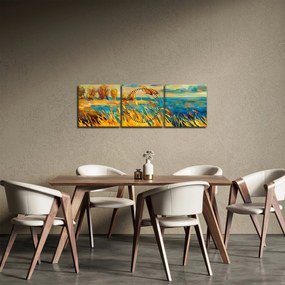 Tablou - Apus de soare peste lac, pictură acrilică (cu ceas) (90x30 cm)