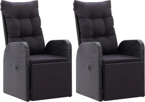 vidaXL Scaune de grădină rabatabile cu perne, 2 buc., negru poliratan