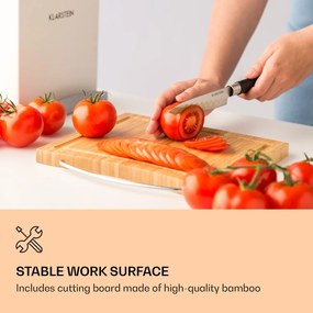 Klarstein Kitano Plus, Set de cuțite, set din 9 bucăți, suport din lemn, bucată din bambus pentru tăiere, albă