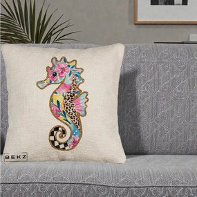 Perna Decorativa Calut de Mare Glitter Tropical, 40x40 cm, Bej Canapea, Husa Detasabila, Perna Inclusa, BEKZ®