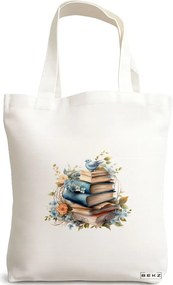 Sacosa de Panza pentru Cumparaturi, Geanta Tote, model Books and flowers 15 38 x 34.5 cm, Alba, BEKZ®