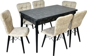 Set masa extensibila cu 6 scaune tapitate Homs cristal negru-bej 170 x 80 cm