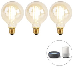 Set de 3 becuri LED inteligente E27 cu reglare a luminozității la cald G95 Goldline 7W 806lm 1800K - 3000K