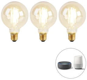 Set de 3 becuri LED inteligente E27 cu reglare a luminozității la cald G95 Goldline 7W 806lm 1800K - 3000K