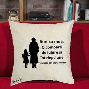 Cadou pentru Bunica - Perna Personalizata Bunica Mea Comoara Iubire Intelepciune Silueta, 40x40 cm, Ecru, Husa Detasabila, Perna Inclusa, BEKZ®