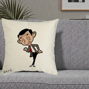 Perna Personalizata Mr. Bean Caricatura, 40x40 cm, Ecru, Husa Detasabila, Perna Inclusa, BEKZ®