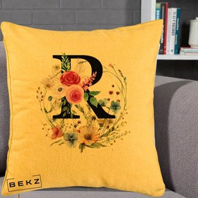 Cadou Personalizat - Perna Personalizata Monogram Litera R cu Flori Acuarela, 40x40 cm, Galben, Husa Detasabila, Perna Inclusa, BEKZ®