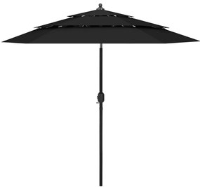 vidaXL Umbrelă de grădină cu 3 niveluri, stâlp aluminiu, negru, 2,5 m