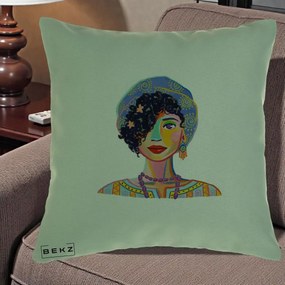 Perna Decorativa Portret Femeie Etnic Colorat, 40x40 cm, Verde, Husa Detasabila, Perna Inclusa, BEKZ®