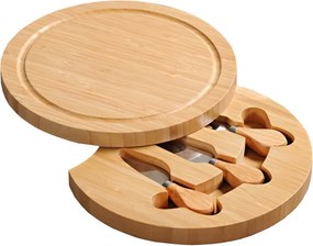 Platou pentru taierea si servirea branzeturilor cu tacamuri Kesper 58642, 23 cm, 5 piese, compartiment incorporat pentru tacamuri, bambus, natural