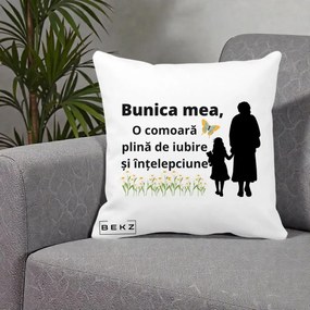 Cadou pentru Bunica - Perna Personalizata Bunica Mea Comoara Iubire Intelepciune Varianta Extinsa, 40x40 cm, Alba Mata, Husa Detasabila, Perna Inclusa, BEKZ®