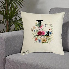 Cadou Personalizat - Perna Personalizata Monogram Litera L cu Flori Acuarela, 40x40 cm, Ecru, Husa Detasabila, Perna Inclusa, BEKZ®
