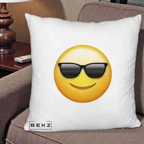 Perna Decorativa Emoji Cool Ochelari, 40x40 cm, Alb Pufos, Husa Detasabila, Perna Inclusa, BEKZ®