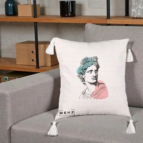 Perna Decorativa Bust Grec Vaporwave, 40x40 cm, Bej cu Franjuri, Husa Detasabila, Perna Inclusa, BEKZ®