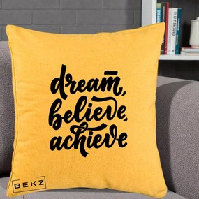 Perna Decorativa Dream Believe Achieve, 40x40 cm, Galben, Husa Detasabila, Perna Inclusa, BEKZ®