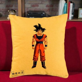 Perna Personalizata Dragon Ball Goku Complet in Gi Portocaliu, 40x40 cm, Galben, Husa Detasabila, Perna Inclusa, BEKZ®