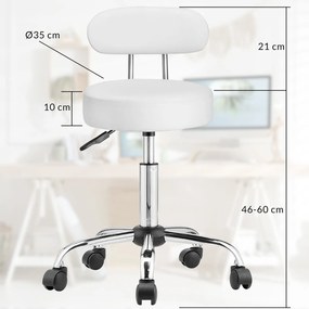 Taburet pe roți cu spătar ROLAND, Ø35cm, alb Casaria