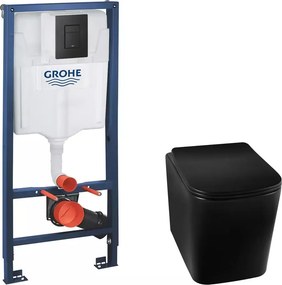 Pachet vas wc suspendat rimless Balneo Luga, capac softclose, rezervor Grohe Rapid SL si clapeta Grohe Even negru mat