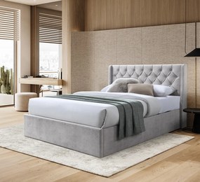 Pat tapitat Prestige 1, 180x200, cu somiera metalica rabatabila si spatiu de depozitare, culoare Crem
