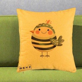 Perna Decorativa Pui Kawaii Teal cu Flori, 40x40 cm, Galben, Husa Detasabila, Perna Inclusa, BEKZ®