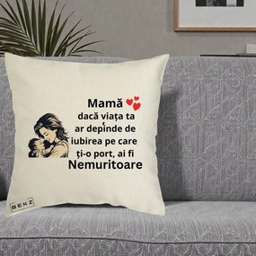 Cadou pentru Mama - Perna Personalizata Mama Nemuritoare Aproape de Bebe, 40x40 cm, Ecru, Husa Detasabila, Perna Inclusa, BEKZ®