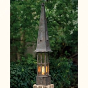 Stalp iluminat exterior din fier forjat inaltime 103,5cm, design medieval cu acoperis ondulat, AL 6844