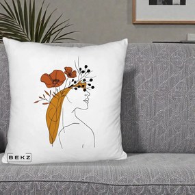 Perna Decorativa Portret Feminin Maci Rosii Auriu, 40x40 cm, Alb Pufos, Husa Detasabila, Perna Inclusa, BEKZ®