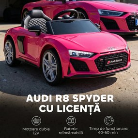 AIYAPLAY Mașinuță Electrică pentru Copii 12V Audi R8 Spyder, 3+ Ani, 3-5 km/h, cu 2 Motoare și Telecomandă, Roz | Aosom Romania