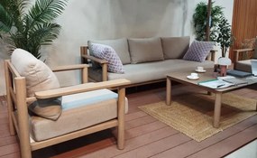 Set lounge exterior premium din aluminiu cu finisaj lemn, canapea, 2 fotolii și măsuță cu perne din olefină, „Cortina”
