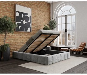 Pat matrimonial gri deschis tapițat cu spațiu de depozitare cu somieră 200x200 cm Aruba L – Maison de Rêve