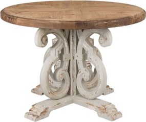 Masă dining rotundă din lemn, natur, 4–5 locuri, cu picior central în volute, finisaj antichizat, 85 x 120 cm, „Aimée”