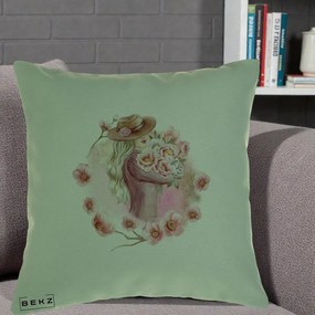 Perna Decorativa Femeie cu Flori Roz Acuarela, 40x40 cm, Verde, Husa Detasabila, Perna Inclusa, BEKZ®