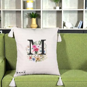 Cadou Personalizat - Perna Personalizata Monogram Litera M cu Flori Acuarela, 40x40 cm, Bej cu Franjuri, Husa Detasabila, Perna Inclusa, BEKZ®