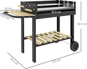 Outsunny Gratar Barbecue Carucior cu Carbune cu Grilaj Dublu Reglabil, Masa Laterala, Raft de Depozitare si Roti, pentru Gatit in Aer Liber