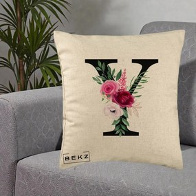 Cadou Personalizat - Perna Personalizata Monograma Florala Litera Y cu Buchet, 40x40 cm, Bej, Husa Detasabila, Perna Inclusa, BEKZ®